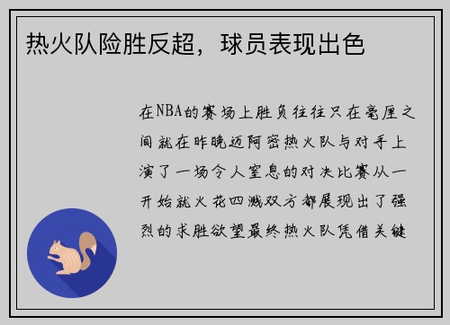 热火队险胜反超，球员表现出色